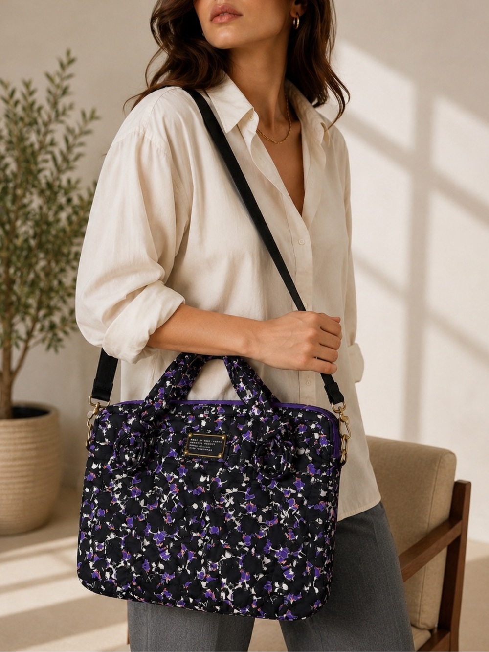 Marc by Marc Jacobs Standard Supply Workwear Floral Laptop Bag Tote Black Purple